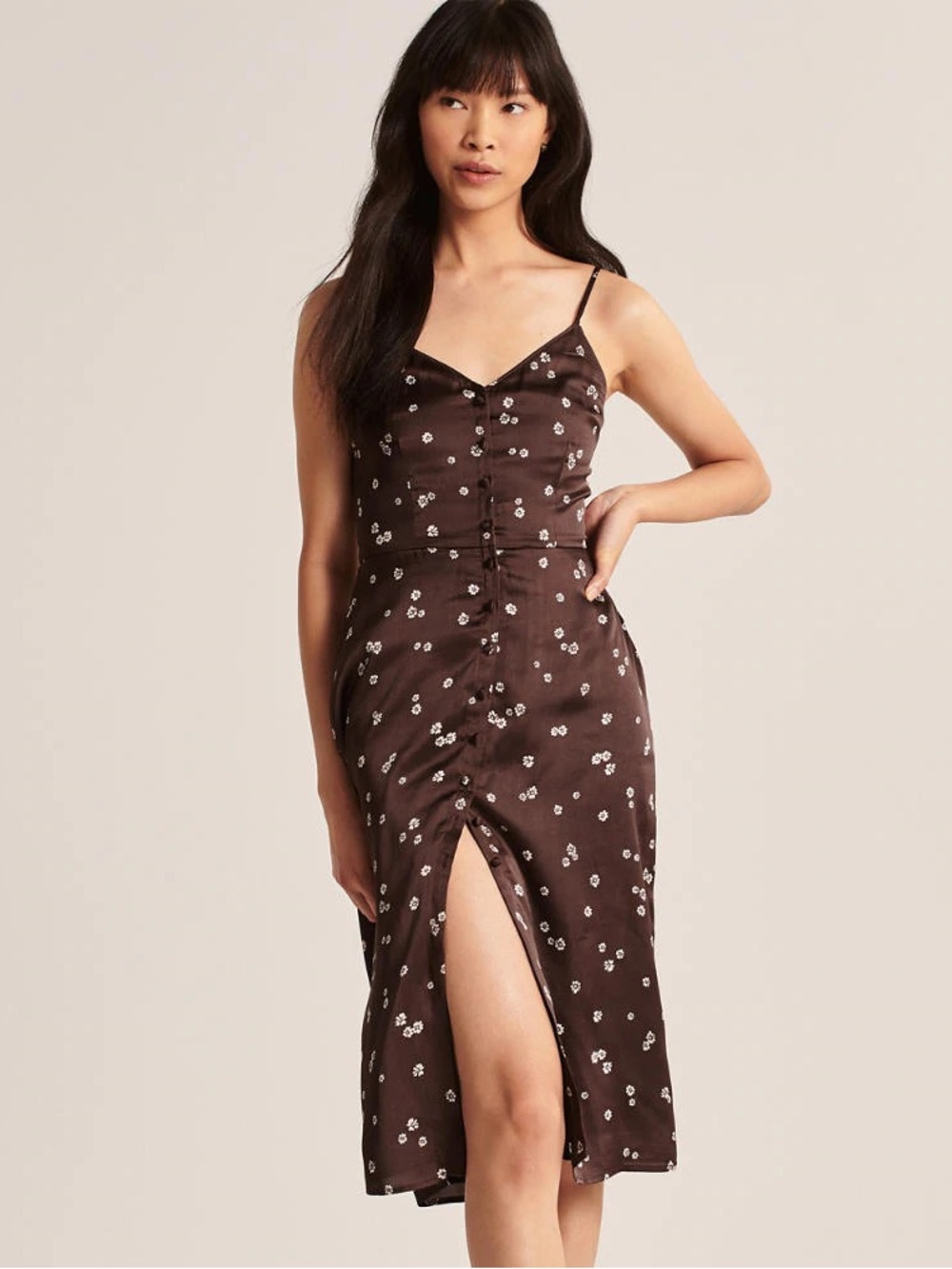 Abercrombie & Fitch Brown Floral Spaghetti-Strap Midi Dress